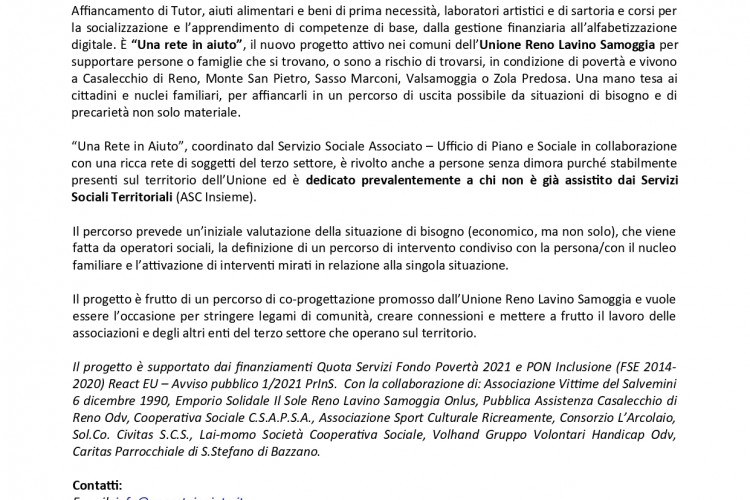 UNA RETE D'AIUTO_Comunicato Stampa Unione Reno Lavino Samoggia